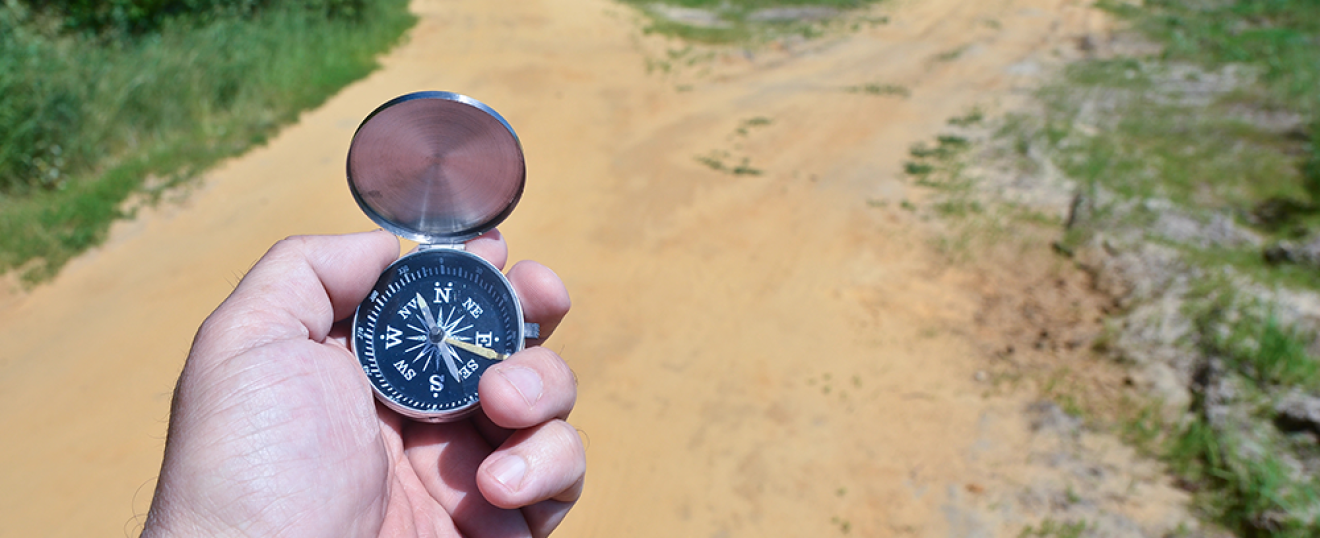 Hand holding a compass at a forked path, symbolizing strategic financial decision-making and long-term direction.